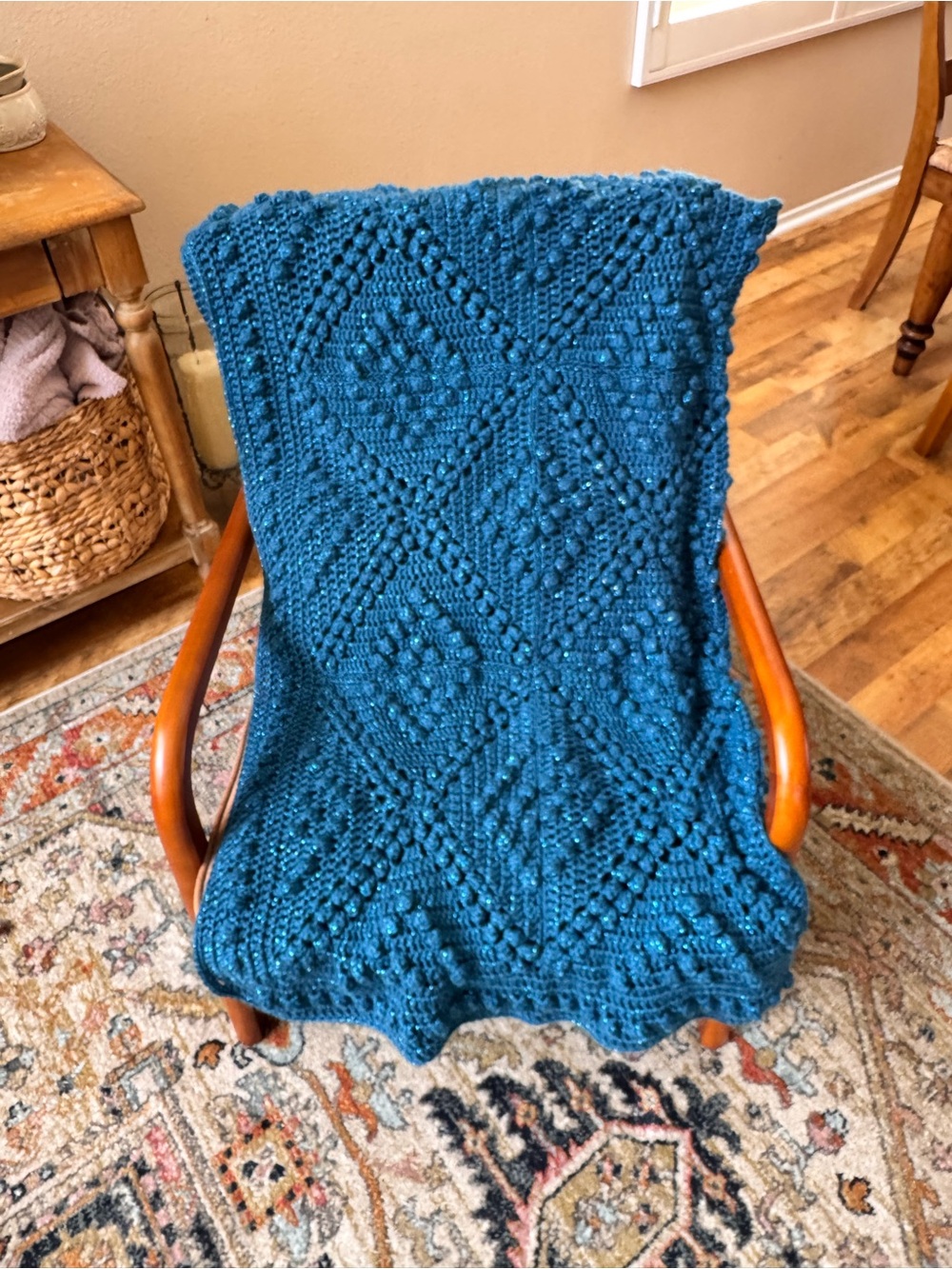 Handmade Blue Sparkle Crochet Afghan Blanket Textured Square Motif Boho Throw
